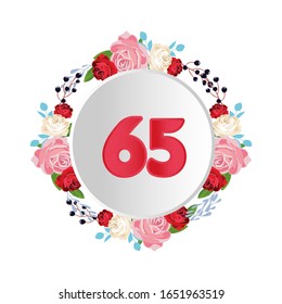 65 Years anniversary. Vector design greeting card with decorative floral circle for celebration