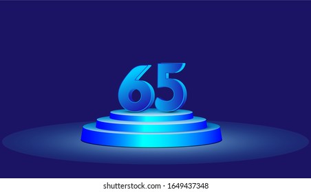 65 Years Anniversary Vector Template Design Illustration. Blue 3d Numbers with podium stage for celebration