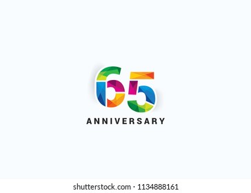 65 Years colorful Anniversary design with Low Poly style font number isolated on white background.