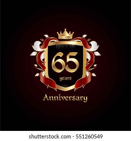 65 Years Gold Anniversary Logo Using Heraldic Theme, Colorful and Isolated on white background