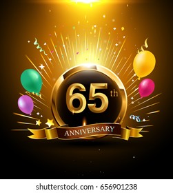 65 years golden anniversary logo celebration with ring, ribbon, firework, and balloon
