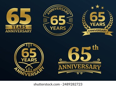 65 years icon or logo set. 65th anniversary celebrating golden sign or stamp. Jubilee, birthday celebration design element. Vector illustration.