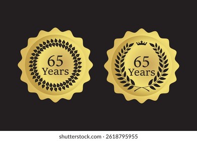 65 years icon or logo set. 65th anniversary celebrating golden sign or stamp. Jubilee, birthday celebration design element. Vector illustration. EPS10