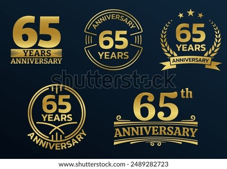 65 years icon or logo set. 65th anniversary celebrating golden sign or stamp. Jubilee, birthday celebration design element. Vector illustration.