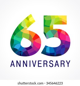 65 years old celebrating colored logo. Anniversary numbers 65 th. Shining facet congrats logotype. Greetings with 3D style. Stained-glass mosaic background, Percent % off. Abstract graphic template.