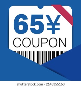 65 Yen Coupon promotion sale for a website, internet ads, social media gift 65 Yuan off discount voucher. Big sale and super sale coupon discount. Price Tag Mega Coupon discount vector illustration.