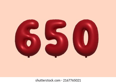 650 3d number balloon made of realistic metallic air balloon 3d rendering. 3D Red helium balloons for sale decoration Party Birthday, Celebrate anniversary, Wedding Holiday. Vector illustration