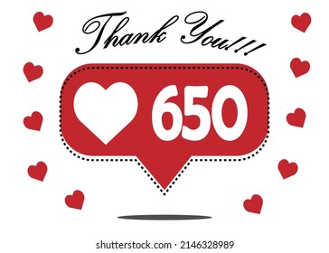 650 me gusta gracias. icono de notificación de red social roja con corazón. ilustración vectorial