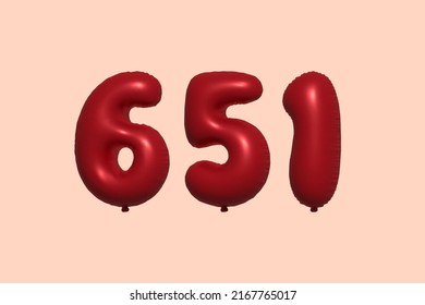 651 globo 3d número hecho de renderización 3d de globo metálico realista. Globos 3D de helio rojo para la venta decoración Fiesta Cumpleaños, Celebración de Aniversario, Fiesta de la Boda. Ilustración del vector