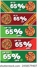 65OFF, pack with 5 discount coupons for purchasing pizzas, colors green and red. 65 percent OFF