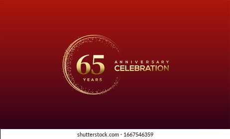 65th Anniversary background with an illustration of gold Colored figures with a circular glitter on a red background.