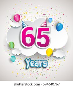 65th Anniversary Celebration Design, with clouds and balloons, confetti. Vector template elements for your, sixty five years birthday celebration party.
