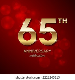 65th Anniversary Celebration. Golden number 65 with sparkling confetti and glitter for celebration events, wedding, invitation, greeting card. Vector illustration EPS10