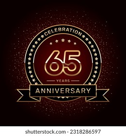 65th anniversary celebration logo design with a golden ring and ribbon, vector template