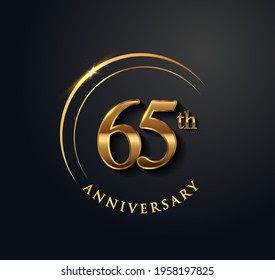 65th Anniversary Celebration. Anniversary logo with ring and elegance golden color isolated on black background, vector design for celebration, invitation card, and greeting card.