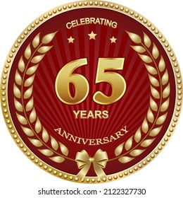 65. Jubiläum feiern Logo Vektordesign, Grußkarte mit Lorbeerkranz in goldenem Kreis auf rotem Hintergrund mit Rochen. 