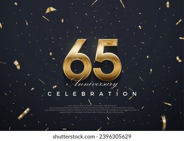 Celebración del 65º aniversario, diseño vectorial 3d con oro lujoso y brillante. Fondo vectorial premium para saludos y celebraciones.