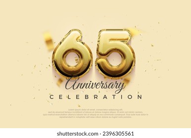 65th anniversary celebration, vector design with shiny gold balloons illustration. Premium vector background for greeting and celebration.