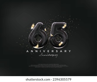 Celebración del 65º aniversario, diseño vectorial con lujosa ilustración de globos negros. Fondo vectorial premium para saludos y celebraciones.
