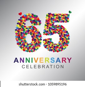 65th anniversary design logotype paper hearts multi-color for celebration.