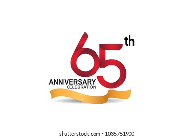 65th anniversary design logotype red color and golden ribbon for celebration isolated on white background