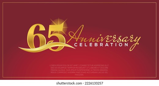  65th anniversary logo with confetti golden colored text isolated on red background, vector design for greeting card and invitation card