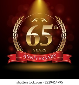 65th Anniversary. Anniversary logo design with Laurel wreath and red ribbon for celebration event, wedding, invitation, greeting card. Vector illustration