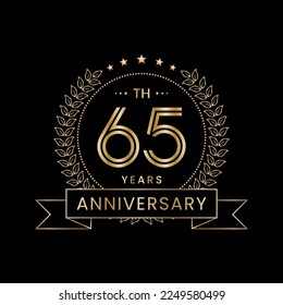 65th Anniversary logo design with laurel wreath for celebration event, invitation, banner, poster, flyer, greeting card. Line Art Design, Logo Vector Illustration