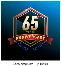 65th anniversary logo with gold ring and red ribbon. Anniversary signs illustration. Gold anniversary logo design and illustration