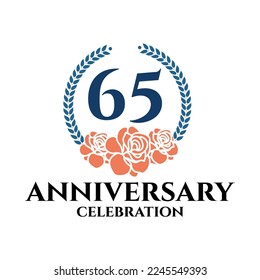 65th anniversary logo with rose and laurel wreath, vector template for birthday celebration.