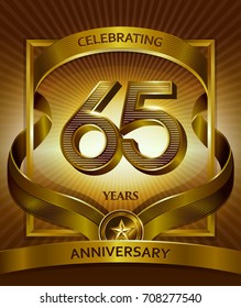 65th anniversary logo. Vector and illustration with ribbon shiny gold