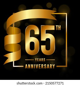 Logotipo del 65 aniversario. Diseño de planilla para la celebración del aniversario con cinta de oro para folletos, folletos, revistas, afiches de folletos, banner, web, invitación o tarjeta de saludo. Ilustraciones vectoriales.