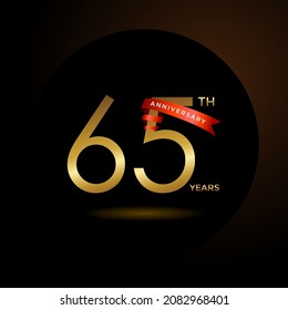 65th anniversary logotype with red ribbon. Golden anniversary celebration emblem design for booklet, leaflet, magazine, brochure poster, web, invitation or greeting card. Vector illustration. EPS 10
