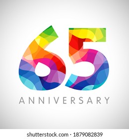 65th anniversary numbers. 65 years old logotype. Bright congrats. Isolated abstract graphic design template. Creative 5, 6 sign, 3D digits. Up to 65%, -65% percent off discount. Congratulation concept