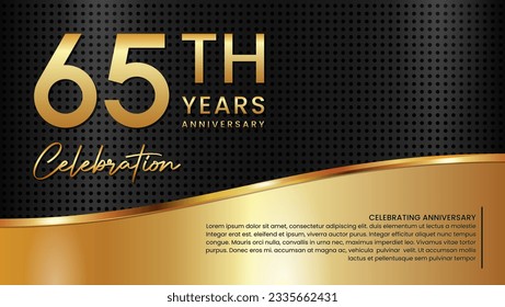 Diseño de plantilla de 65º aniversario en color dorado aislado en fondo de textura negro y dorado, plantilla vectorial