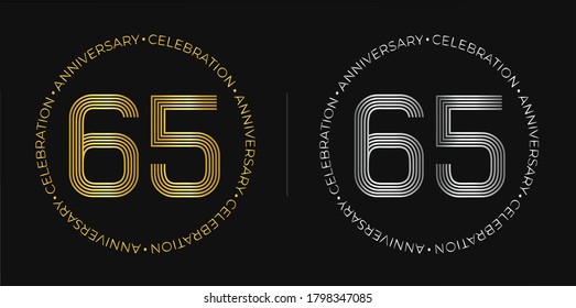 65th birthday. Sixty-five years anniversary celebration banner in golden and silver colors. Circular logo with original numbers design in elegant lines.