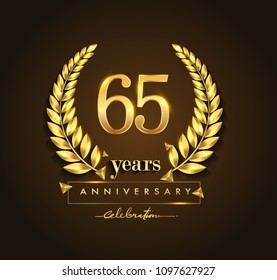 65th gold anniversary celebration logo with golden color and laurel wreath vector design.
