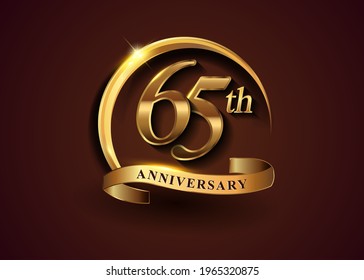 65th golden anniversary logo with gold ring and golden ribbon, vector design for birthday celebration, invitation card.