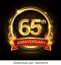 65th golden anniversary logo with ring and red ribbon, vector design.