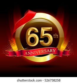 65th golden anniversary logo with ring and red ribbon. Vector design template elements for your birthday celebration.