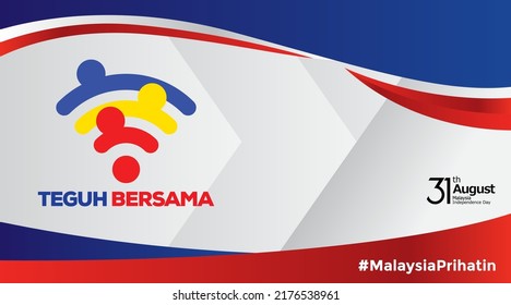 The 65th Malaysia National Day 2022 logo. Colorful abstract design with Malaysian typography "Teguh Bersama" with the translation in English: Stronger Together. Vector illustration banner celebration.