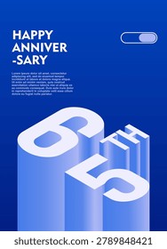 65th Modern anniversary poster template featuring a bold 3d isometric number on a vibrant blue background.
