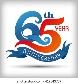 65th Year anniversary design logo with blue ribbon. vector illustrator.celebration logo color number design, anniversary with ribbon