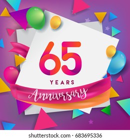 65th Years Anniversary Celebration Design, balloons and ribbon, Colorful design elements for banner, invitation, greeting card your sixty five birthday celebration party.
