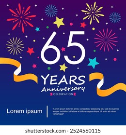 65th years anniversary celebration emblem logo isolated with ribbon, stars and fireworks sparkle twinkle. vector illustration template design for web, flyers, poster, invitation card, greeting card