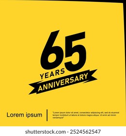 65th years anniversary celebration emblem. black logo isolated with ribbon on yellow background. vector illustration template design for web, flyers, poster, greeting card and invitation card