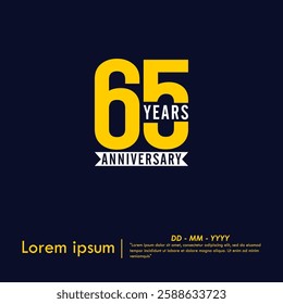 65th years anniversary celebration emblem. anniversary logo isolated with white ribbon on dark blue background. vector illustration template design for web, flyers, poster, greeting card 