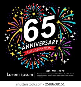 65th years anniversary celebration emblem. anniversary logo isolated with red ribbon, stars and fireworks sparkle twinkle. vector illustration template design for web, flyers, poster, greeting card