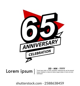 65th years anniversary celebration emblem. black anniversary logo isolated with ribbon and red triangle on white background. vector illustration template design for web, flyers, poster, greeting card