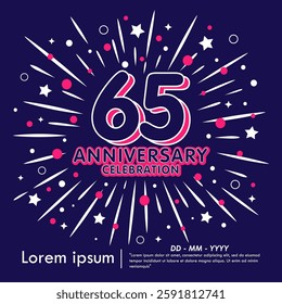 65th years anniversary celebration emblem. anniversary logo isolated with fireworks and stars sparkle glittering background. vector illustration template design for web, flyers, poster, greeting card